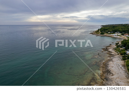 Aerial drone sunset view of Lanterna peninsula, Istria, Croatia. Aerial drone sunset view of Lanterna peninsula, Istria, Croatia. 130426581