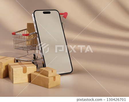 Smartphone placed beside shopping cart filled with shipping boxes representing ecommerce logistics and online shopping efficiency 130426701