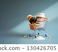 Whey protein and vitamin capsules in shopping cart with powder spill on blue background, symbolizing fitness supplementation and active lifestyle 130426705