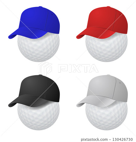 Vector 3d Golf Cap Set with White Golf Balls. Sport Baseball Hat Collection for Golf Players, Golf Accessories, Outdoor Summer Golf Caps, Professional Golf Equipment, Vector Illustration 130426730