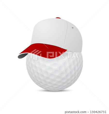 Vector 3d Golf Cap Set with White Golf Ball. Sport Baseball Hat for Golf Players, Golf Accessories, Outdoor Summer Golf Caps, Professional Golf Equipment, Vector Illustration 130426731