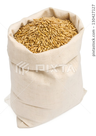 Burlap bag of whole grain wheat, natural jute sack filled with organic cereal, isolated on transparent background 130427127