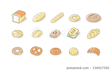 Bread and Buns Icons Set. Various Bakery Products Symbols. Baguette, Toast, Pretzel, Croissant and Other Variety of Bread. Cereal Bakery Signs Collection Bread and Buns Icons Set. Various Bakery Products Symbols. Baguette, Toast, Pretzel, Croissant and Other Variety of Bread. Cereal Bakery Signs Collection 130427392
