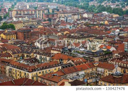 Aerial view of Torino with historic buildings and red rooftops 130427476