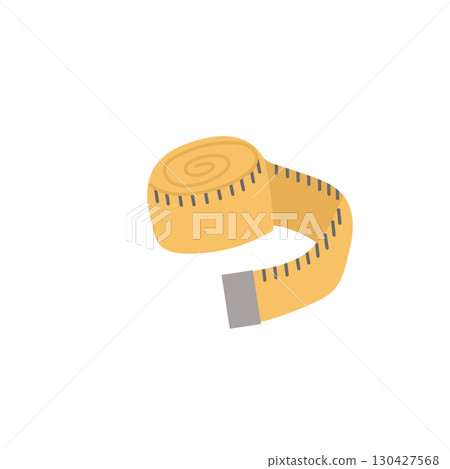 Hand drawn yellow tailor's tape measure. Sewing tool of dressmaker isolated on white background. Tailor measuring tape, item for tailoring, needlework. Vector illustration 130427568