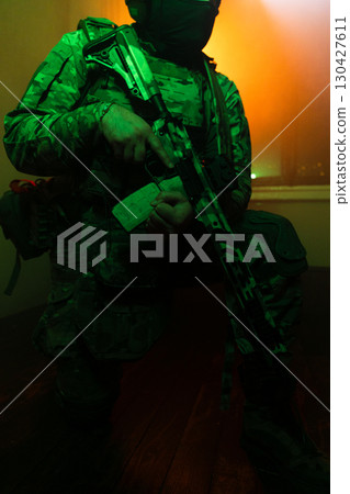 Tactical Soldier in Action Helmet On Off Dramatic Lights Smoke 130427611