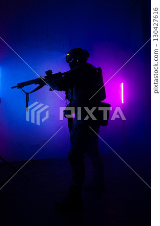 Tactical Soldier in Action Helmet On Off Dramatic Lights Smoke Tactical Soldier in Action Helmet On Off Dramatic Lights Smoke 130427616