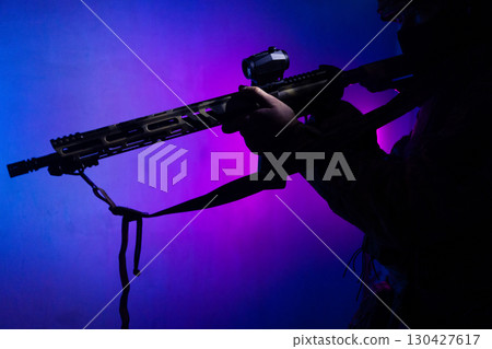 Tactical Soldier in Action Helmet On Off Dramatic Lights Smoke Tactical Soldier in Action Helmet On Off Dramatic Lights Smoke 130427617