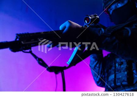 Tactical Soldier in Action Helmet On Off Dramatic Lights Smoke Tactical Soldier in Action Helmet On Off Dramatic Lights Smoke 130427618