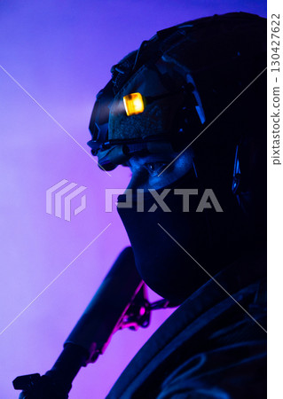 Tactical Soldier in Action Helmet On Off Dramatic Lights Smoke Tactical Soldier in Action Helmet On Off Dramatic Lights Smoke 130427622