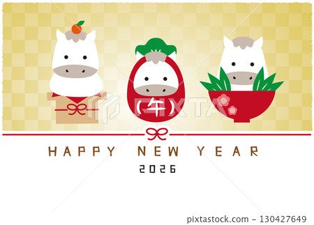 2026 New Year's card, Hakuba, gold screen background, three auspicious items 130427649