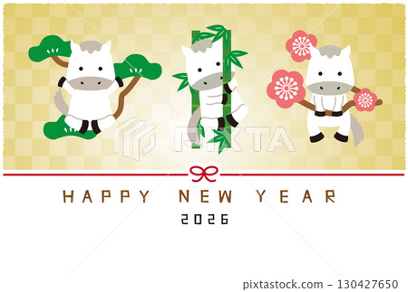 2026 New Year's card, Hakuba, gold screen background, pine, bamboo, and plum 130427650