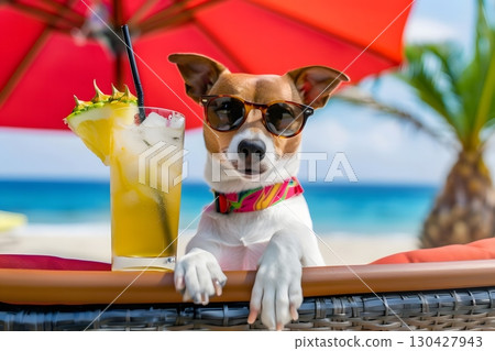 Funny Dog with Sunglasses and Summer Drink Funny Dog with Sunglasses and Summer Drink 130427943