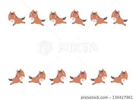 New Year's card material: Cute horse character for the Year of the Horse. New Year's postcard template (brown horse line frame). 130427961