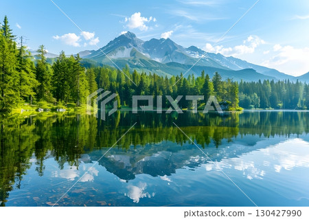 Clear Mountain Lake Reflecting Summer Forest Trees Clear Mountain Lake Reflecting Summer Forest Trees 130427990