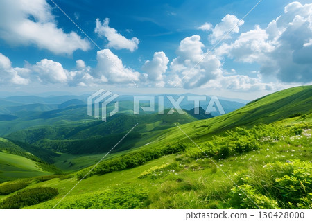 Mountain Panorama with Summer Green Slopes Mountain Panorama with Summer Green Slopes 130428000