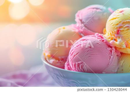 Multicolor Ice Cream Scoops in Bowl with Sunny Lighting 130428044