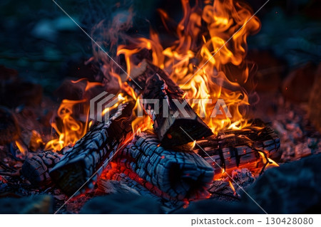Nighttime Campfire with Bright Flames and Sparks Nighttime Campfire with Bright Flames and Sparks 130428080