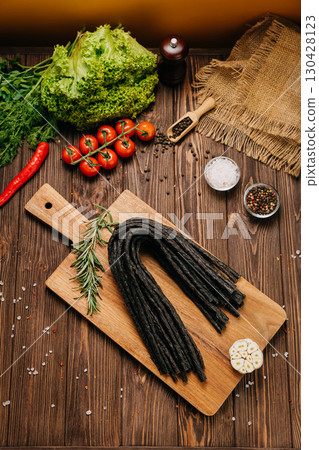 Smoked meat sticks or kabanos and spices on a rustic board, ideal for gourmet food presentations Smoked meat sticks or kabanos and spices on a rustic board, ideal for gourmet food presentations 130428123