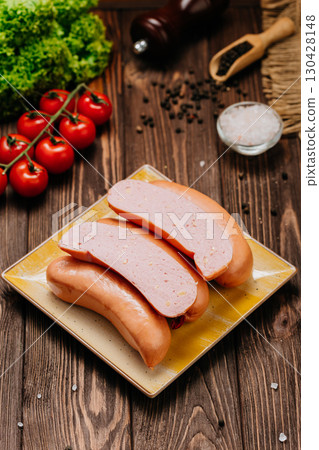 Sliced boiled sausages on plate with herbs, pepper and tomatoes on rustic wood table 130428148