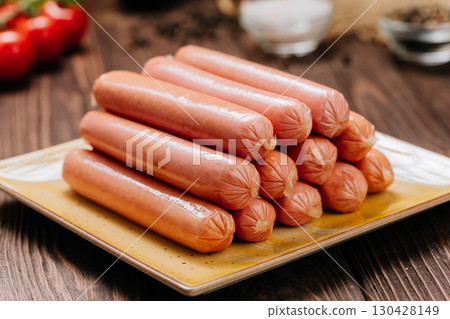 Pile of raw sausages stacked on a ceramic plate, ready for cooking, close-up view Pile of raw sausages stacked on a ceramic plate, ready for cooking, close-up view 130428149