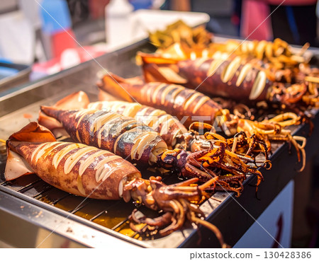 小吃攤上的烤魷魚 130428386