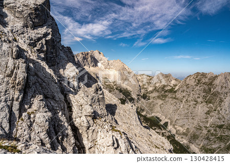Scenic View Of Zugspitze And Jubilee Ridge From Via Ferrata Alpspitze: Rugged Rocky Peaks Of The Bavarian Alps Under Clear Blue Sky 130428415