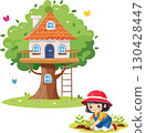 Treehouse and child planting plants 130428447