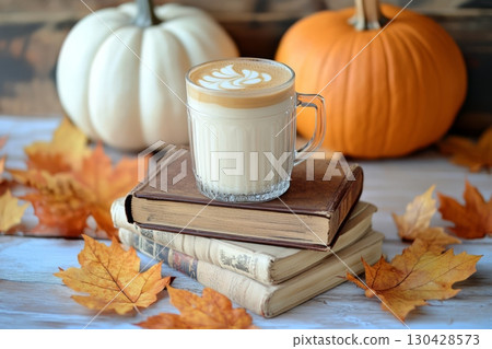 Different pumpkins on vintage books with cappuccino and autumn falling leaves 130428573