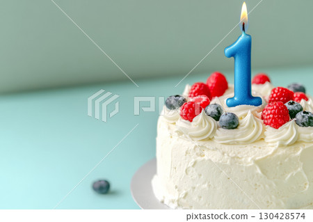 White Cream Bento Cake With Red Berries For Boy And Number One Is Burning 130428574