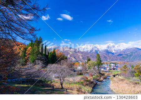 [Autumn Material] Three-tiered autumn foliage scenery seen from Oide Park in Hakuba Village in autumn [Nagano Prefecture] 130428603