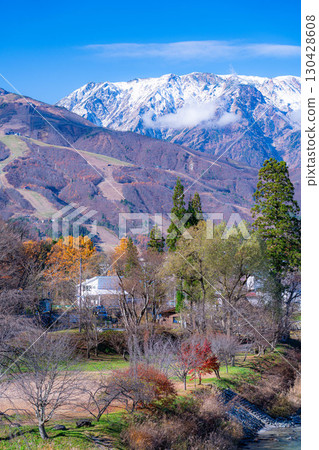 [Autumn Material] Three-tiered autumn foliage scenery seen from Oide Park in Hakuba Village in autumn [Nagano Prefecture] 130428608