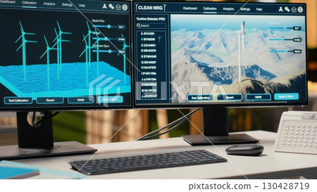Software interface on PC used for planning wind farm layouts, determining optimal turbine placements. CAD program on computer in engineering office used to design windmills farm configurations Software interface on PC used for planning wind farm layouts, determining optimal turbine placements. CAD program on computer in engineering office used to design windmills farm configurations 130428719