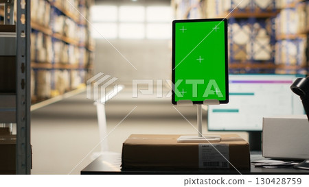 Industrial huge warehouse with mockup copy space on a tablet, storage room space featuring big racks, barcode scanner and package tracking software. Order fulfillment e-commerce shipment. 130428759