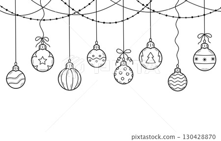 Set of hand-drawn christmas balls. Cute christmas bauble in doodle sketch style. Elements for decorating for the Christmas and New Year. Isolated vector illustration. Set of hand-drawn christmas balls. Cute christmas bauble in doodle sketch style. Elements for decorating for the Christmas and New Year. Isolated vector illustration. 130428870