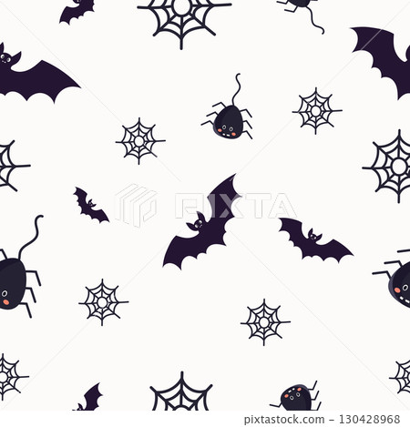 Seamless Halloween pattern with black bats, spiders, and cobwebs on white background. Flat vector illustration for festive design 130428968