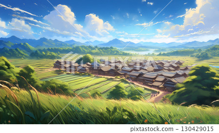 Illustration of a small village in a Japanese field against a blue sky 130429015