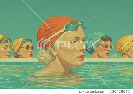 Illustration of an elderly woman wearing a swimming cap and glasses in a turquoise pool 130429073