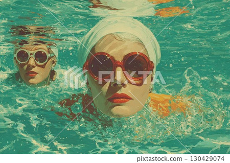 Underwater scene in a pool with a grey-haired woman and a blonde woman swimming side by side 130429074