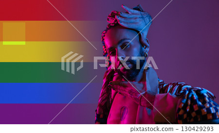 Neon light studio close-up portrait handsome black 130429293