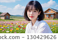 宇宙田野中一位微笑年輕女子的畫像 130429626