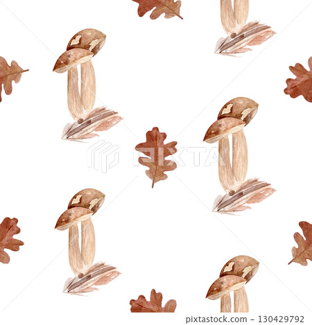 Brown wild mushrooms and oak leaves watercolor seamless pattern on white. Hand-painted design, perfect for kitchen decor, recipe books, packaging, autumn cards, textiles, and nature-themed projects 130429792