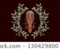 Deer with antlers framed by green leaves dark blue berries on a black background. Watercolor illustration perfect for greeting cards, posters, wedding invitations, fabric prints, rustic seasonal decor 130429800