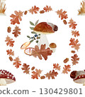 Mushrooms, snail, compass, oak leaves, acorns, and berries in rustic autumn wreath on white. Cozy watercolor seamless pattern. Woodland design perfect for seasonal fabric, packaging, nature projects 130429801