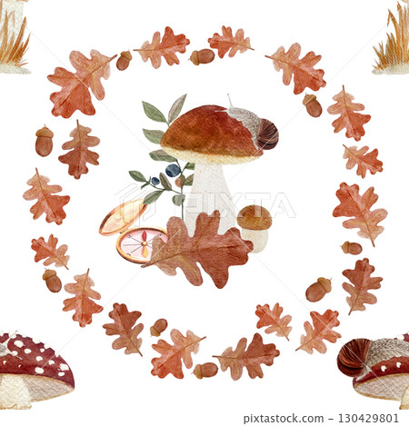 Mushrooms, snail, compass, oak leaves, acorns, and berries in rustic autumn wreath on white. Cozy watercolor seamless pattern. Woodland design perfect for seasonal fabric, packaging, nature projects 130429801