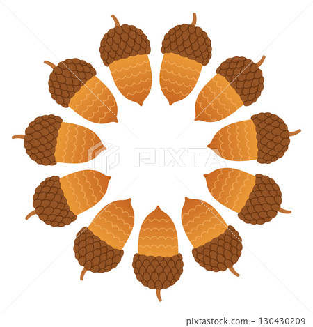 Autumn acorn circle frame. Round border made of doodle hand drawn fall acorns. The acorns are arranged in a circle for stickers, banners, cards, ads. Vector flat isolated on white background. Autumn acorn circle frame. Round border made of doodle hand drawn fall acorns. The acorns are arranged in a circle for stickers, banners, cards, ads. Vector flat isolated on white background. 130430209