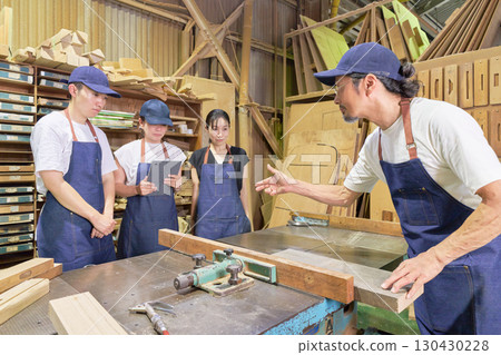 A scene from the workshop where a woodworker gives technical guidance to a young craftsman 130430228