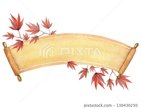 Papyrus ribbon and Japanese maple.. Hand drawn watercolor illustration of a scroll. Blank manuscript drawing for text. Yellow banner template. Rolled paper on wooden rollers  130430250
