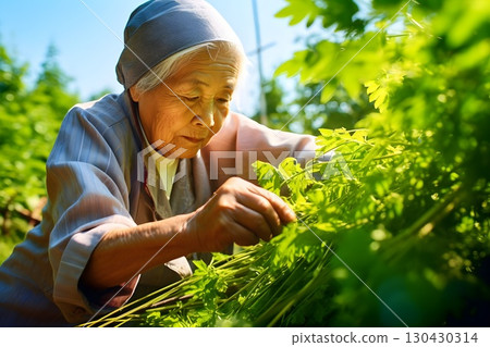 Grandma harvesting vegetables 2 AI-generated image 130430314