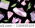 Menstrual cups, reusable pads, pouches, bows, ribbons, flowers, petals watercolor seamless pattern on black background. Eco friendly feminine hygiene design for sustainability, womens health projects 130430329